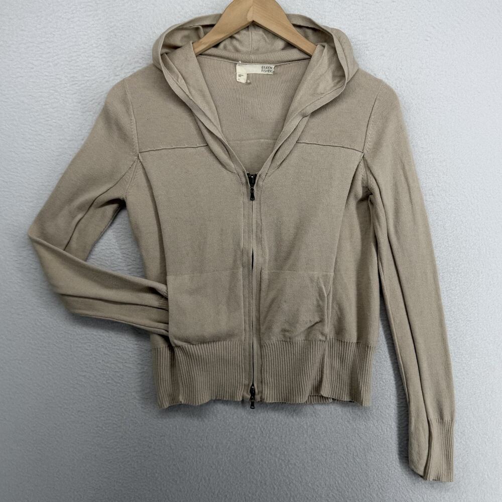 EILEEN FISHER Jacket S Organic Cotton Jersey Knit Hoodie Full Zip Pockets Beige